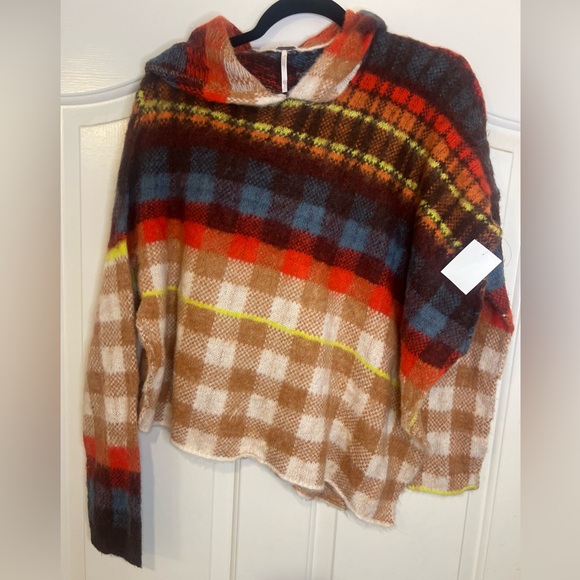 Free People Ainsley Hood Poncho Plaid Asymmetric Hem Apple Cider Size:XS, XL NWT - Picture 2 of 12